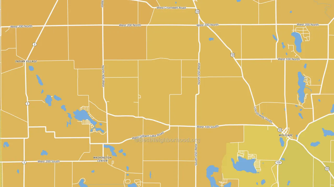 Map of the best neighborhoods in the 46760 area, with better matches in green and worse matches in red