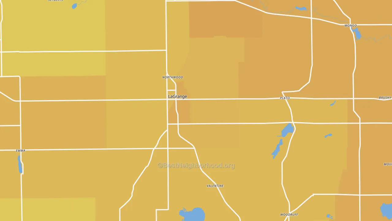 Map of the best neighborhoods in the 46761 area, with better matches in green and worse matches in red