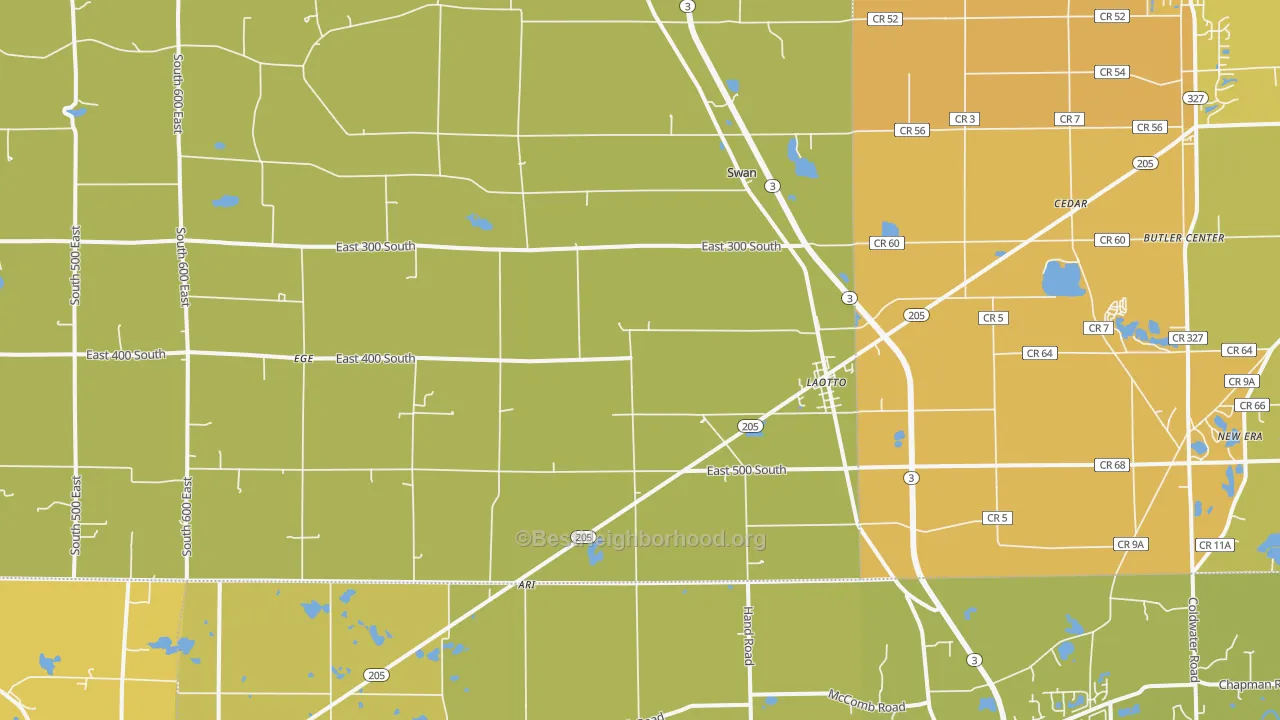 Map of the best neighborhoods in the 46763 area, with better matches in green and worse matches in red