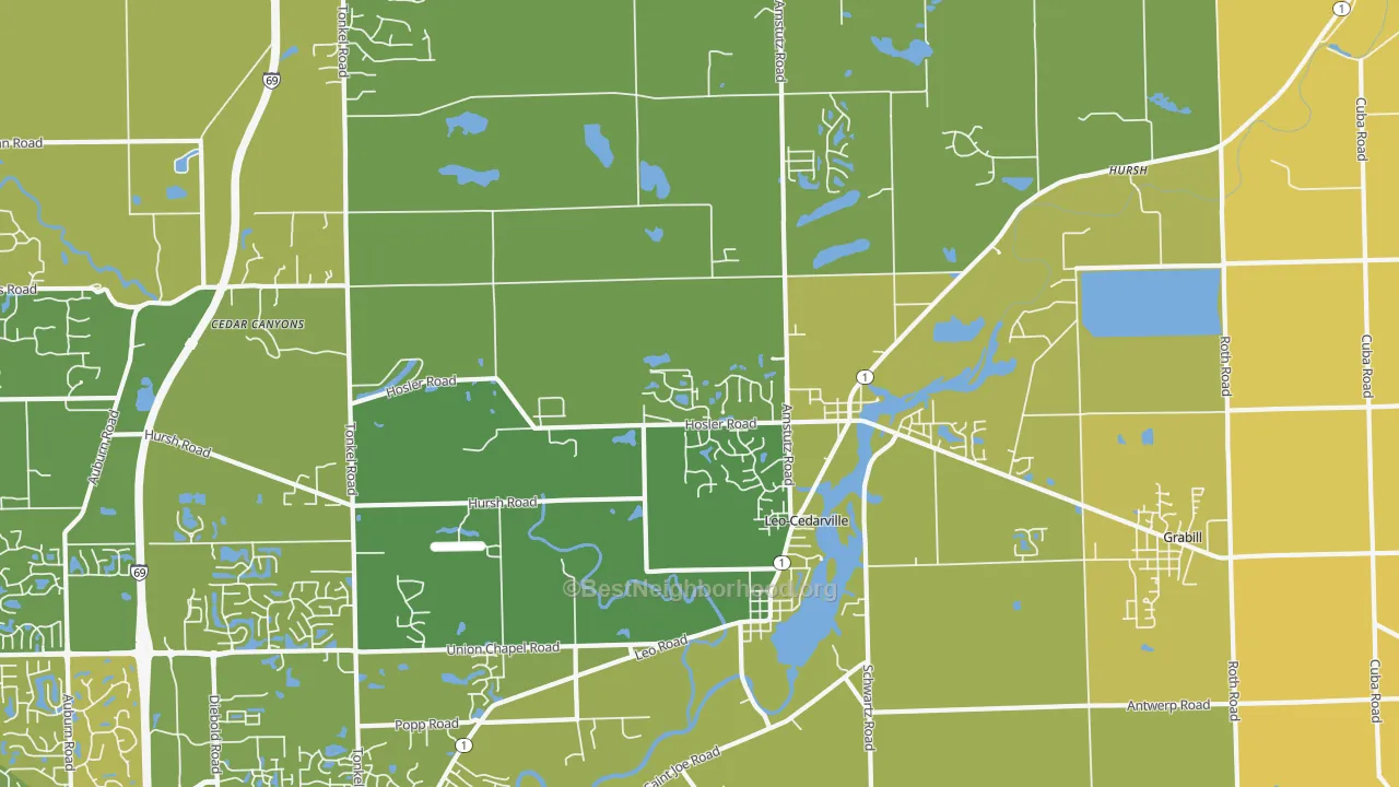 Map of the best neighborhoods in the 46765 area, with better matches in green and worse matches in red