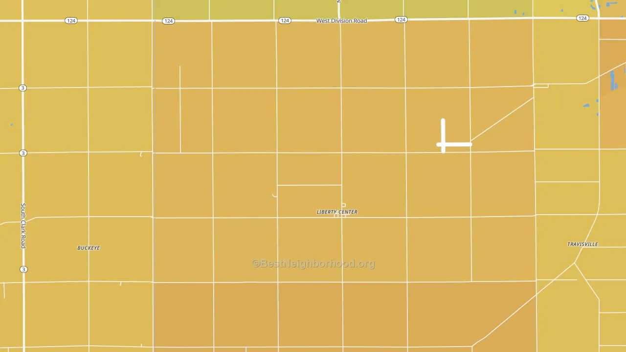 Map of the best neighborhoods in the 46766 area, with better matches in green and worse matches in red