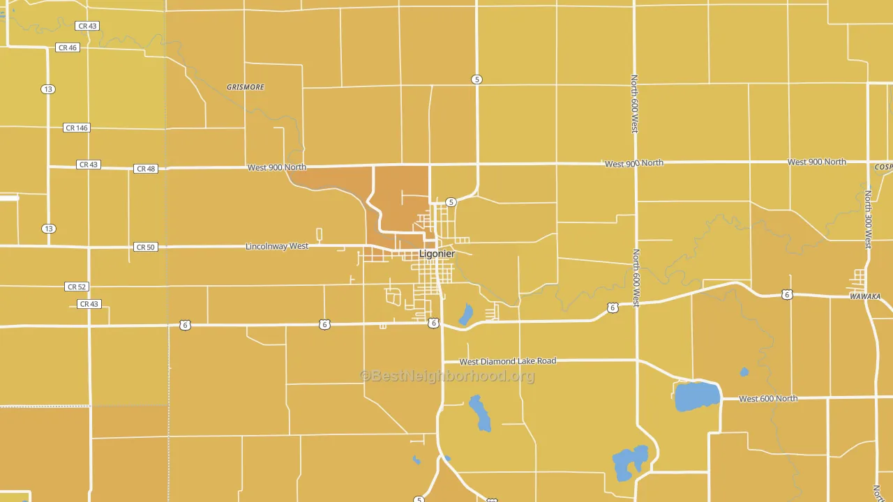 Map of the best neighborhoods in the 46767 area, with better matches in green and worse matches in red