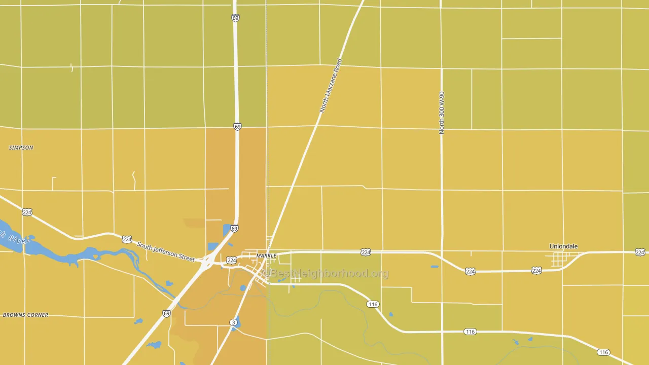 Map of the best neighborhoods in the 46770 area, with better matches in green and worse matches in red