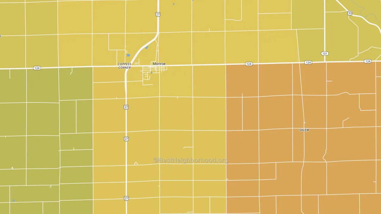 Map of the best neighborhoods in the 46772 area, with better matches in green and worse matches in red