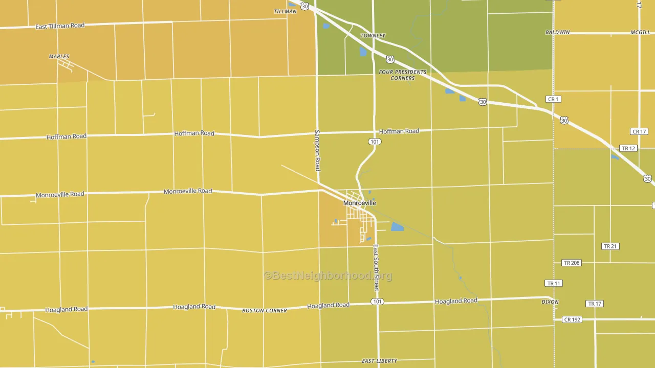Map of the best neighborhoods in the 46773 area, with better matches in green and worse matches in red