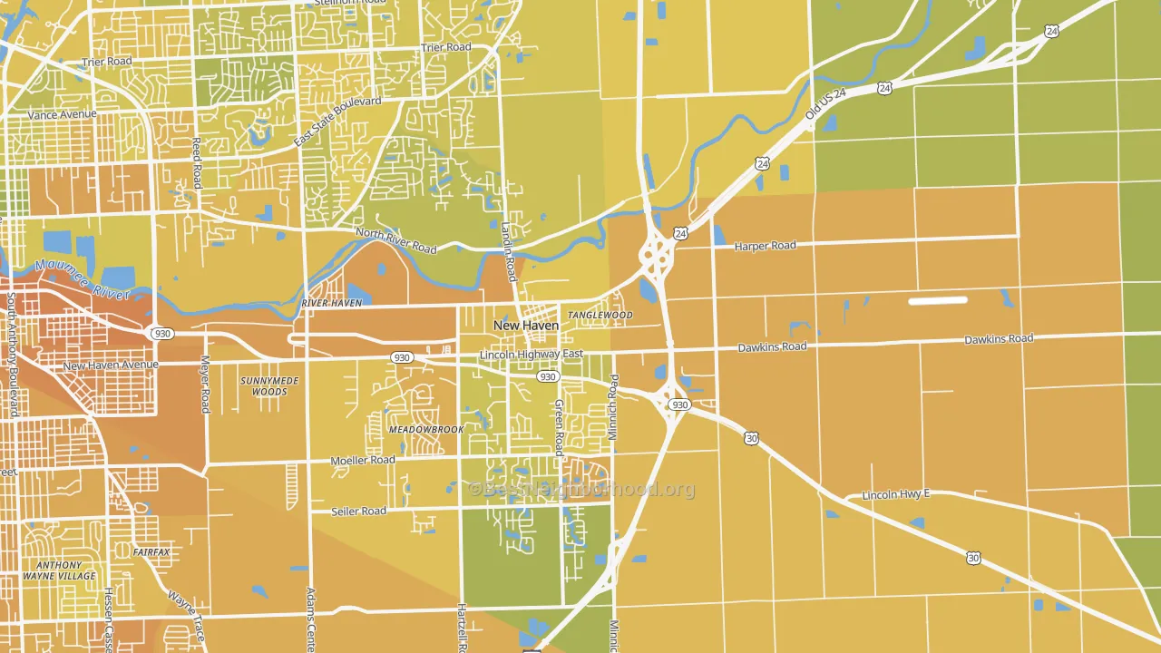 Map of the best neighborhoods in the 46774 area, with better matches in green and worse matches in red