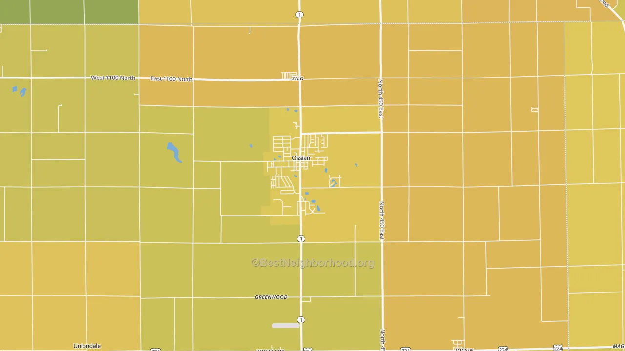 Map of the best neighborhoods in the 46777 area, with better matches in green and worse matches in red