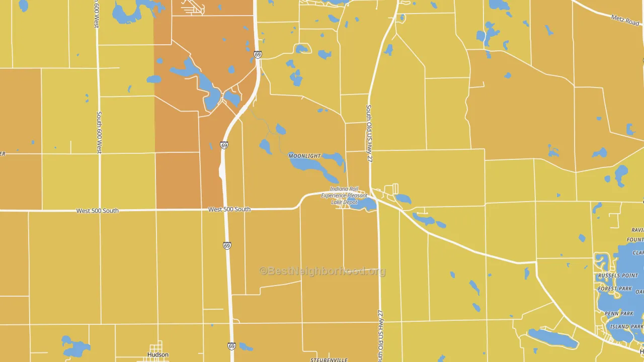 Map of the best neighborhoods in the 46779 area, with better matches in green and worse matches in red