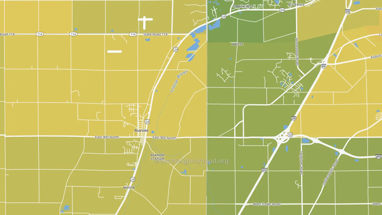 Map of the best neighborhoods in the 46783 area, with better matches in green and worse matches in red