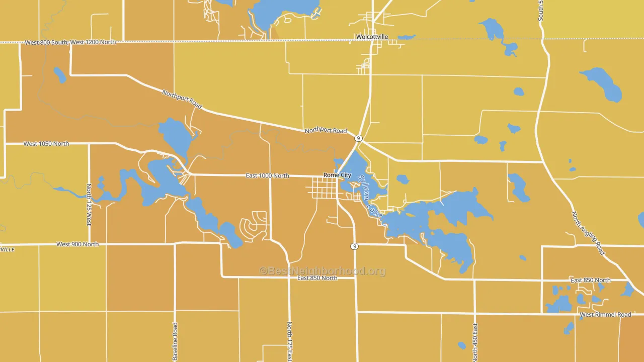 Map of the best neighborhoods in the 46784 area, with better matches in green and worse matches in red
