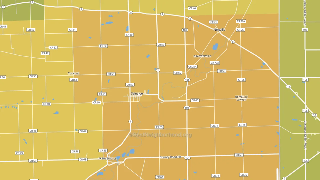Map of the best neighborhoods in the 46785 area, with better matches in green and worse matches in red
