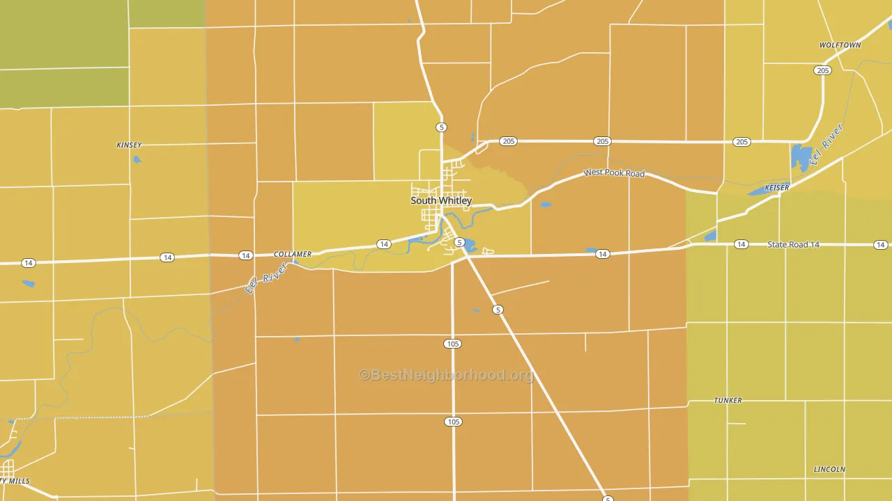 Map of the best neighborhoods in the 46787 area, with better matches in green and worse matches in red