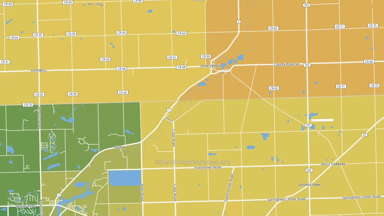 Map of the best neighborhoods in the 46788 area, with better matches in green and worse matches in red