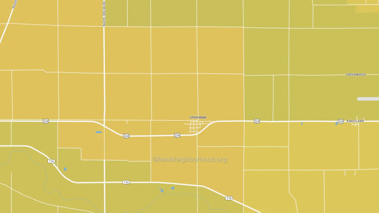 Map of the best neighborhoods in the 46791 area, with better matches in green and worse matches in red