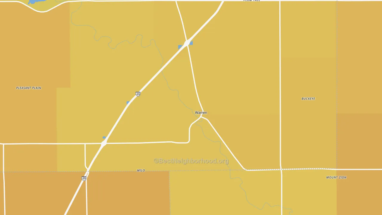Map of the best neighborhoods in the 46792 area, with better matches in green and worse matches in red