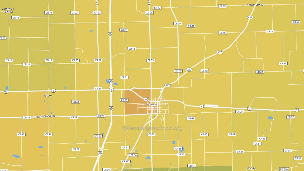 Map of the best neighborhoods in the 46793 area, with better matches in green and worse matches in red