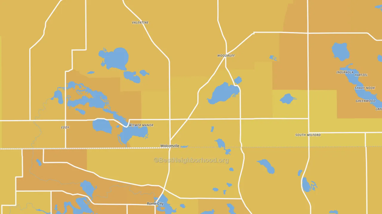Map of the best neighborhoods in the 46795 area, with better matches in green and worse matches in red