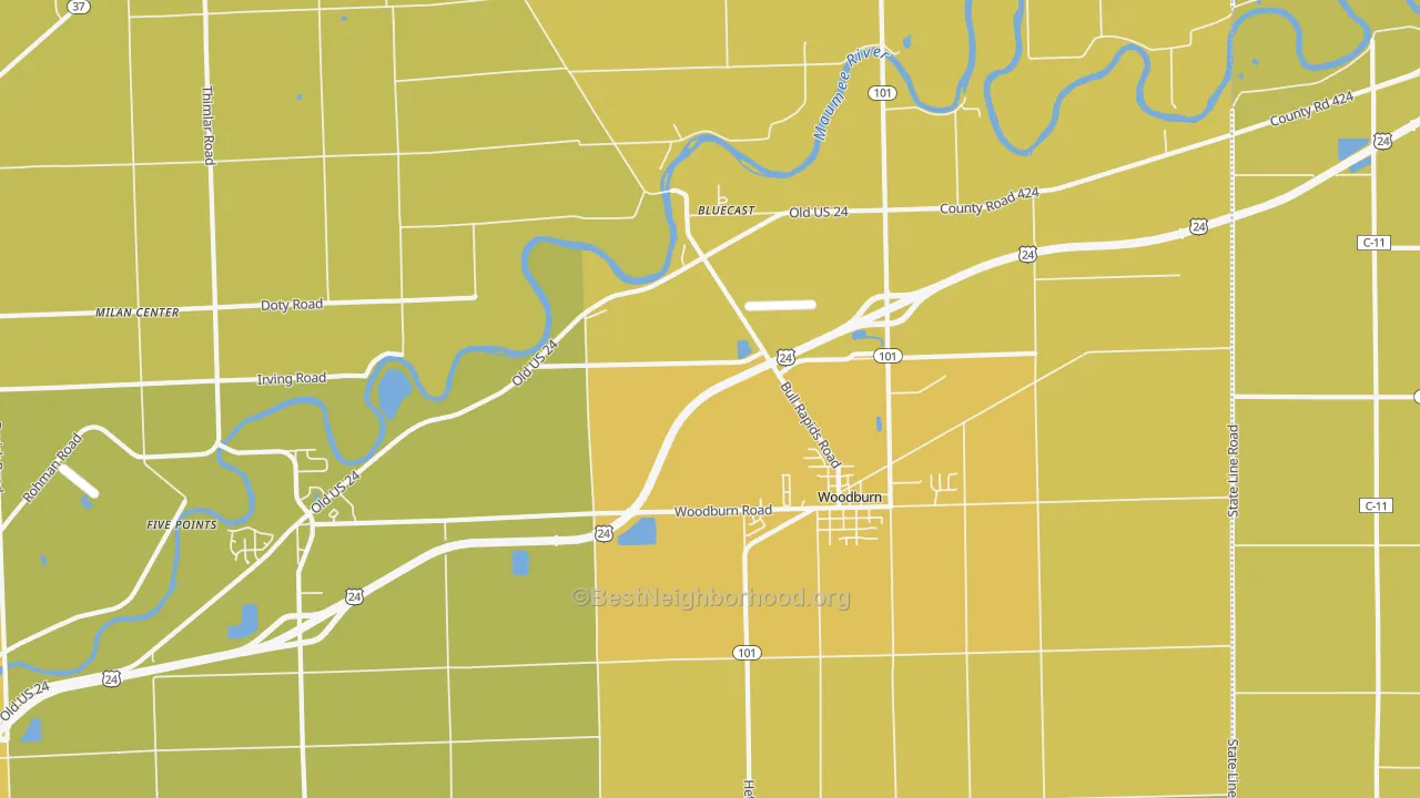 Map of the best neighborhoods in the 46797 area, with better matches in green and worse matches in red