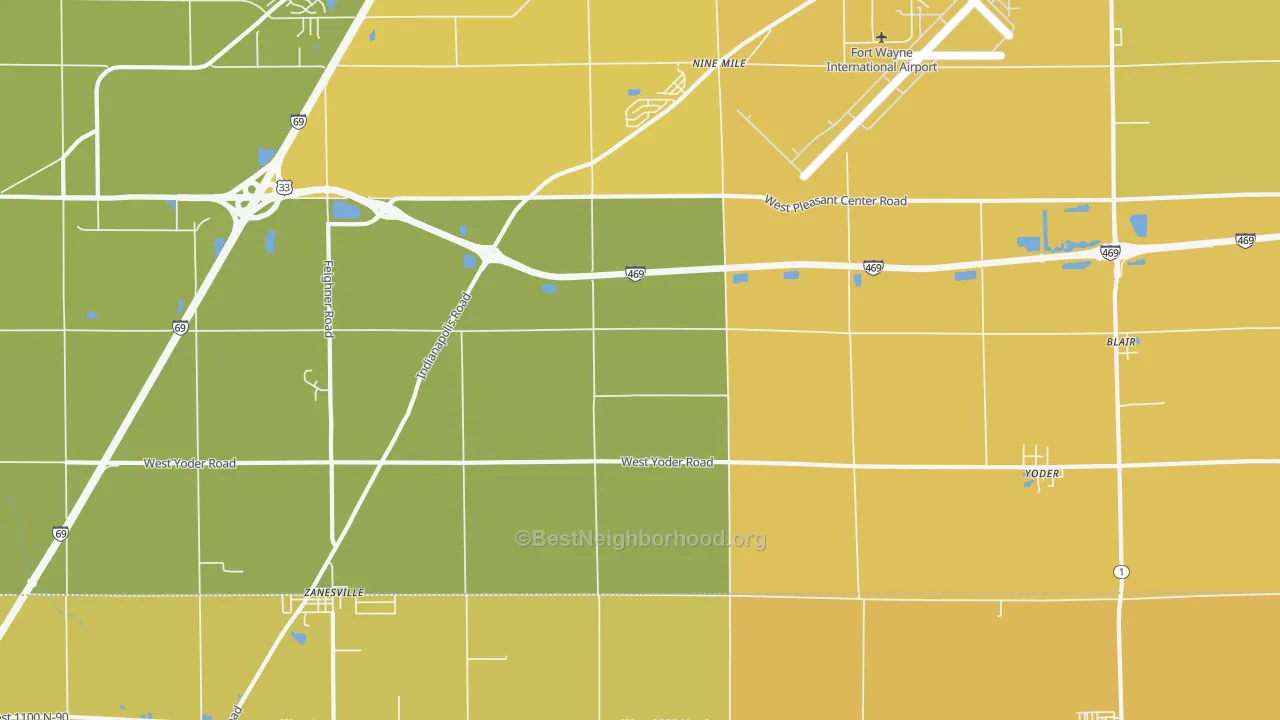 Map of the best neighborhoods in the 46798 area, with better matches in green and worse matches in red