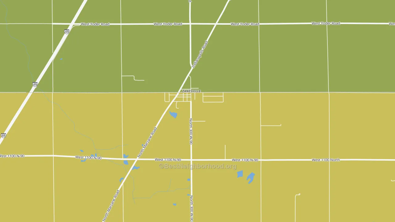 Map of the best neighborhoods in the 46799 area, with better matches in green and worse matches in red