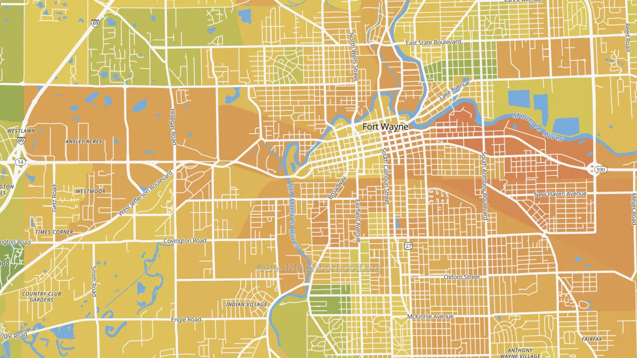 Map of the best neighborhoods in the 46802 area, with better matches in green and worse matches in red