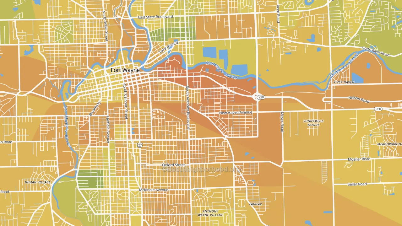 Map of the best neighborhoods in the 46803 area, with better matches in green and worse matches in red