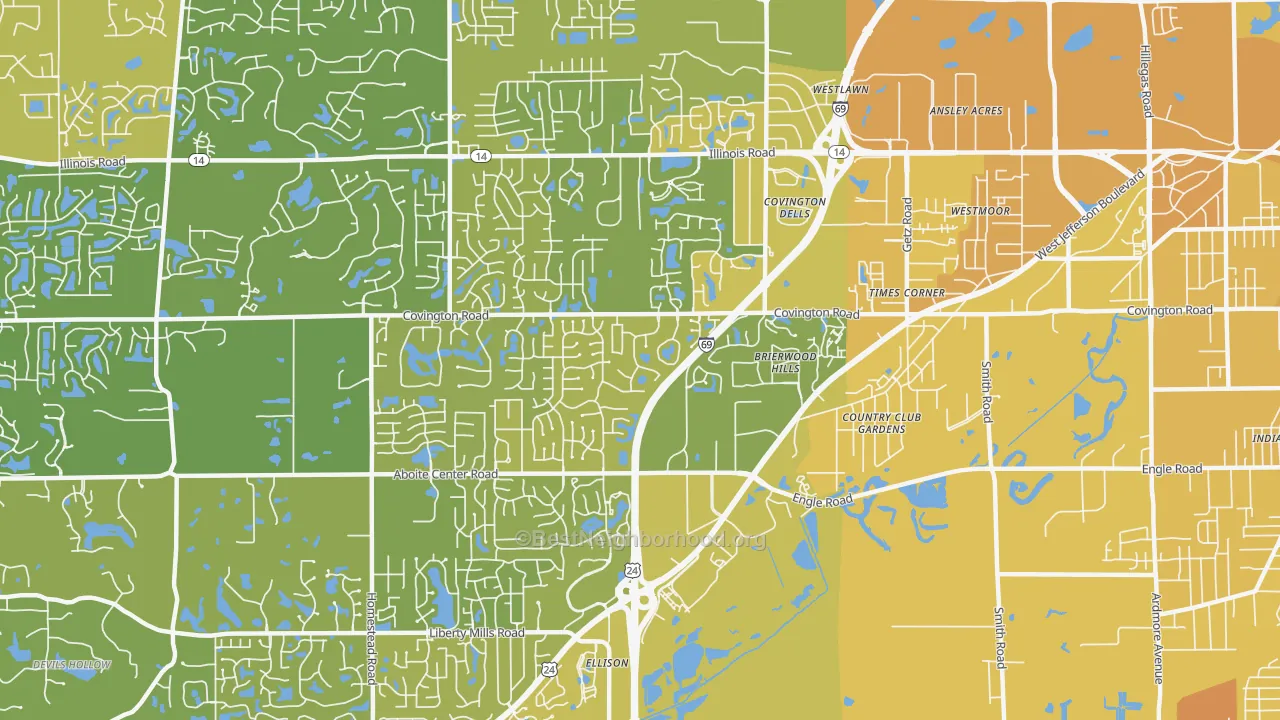 Map of the best neighborhoods in the 46804 area, with better matches in green and worse matches in red