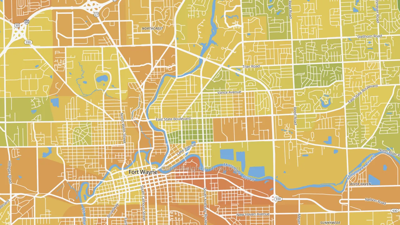 Map of the best neighborhoods in the 46805 area, with better matches in green and worse matches in red