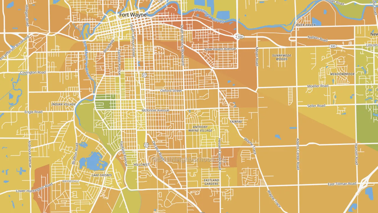 Map of the best neighborhoods in the 46806 area, with better matches in green and worse matches in red