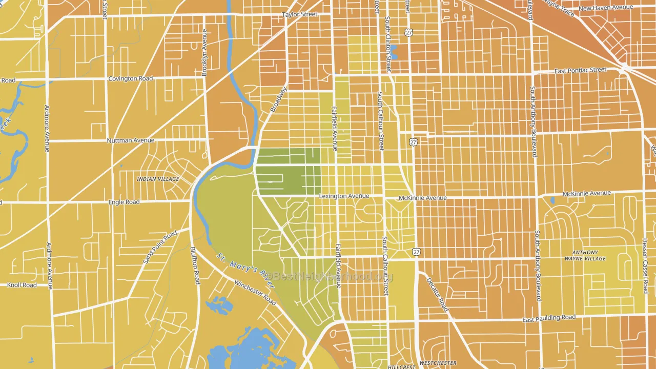 Map of the best neighborhoods in the 46807 area, with better matches in green and worse matches in red