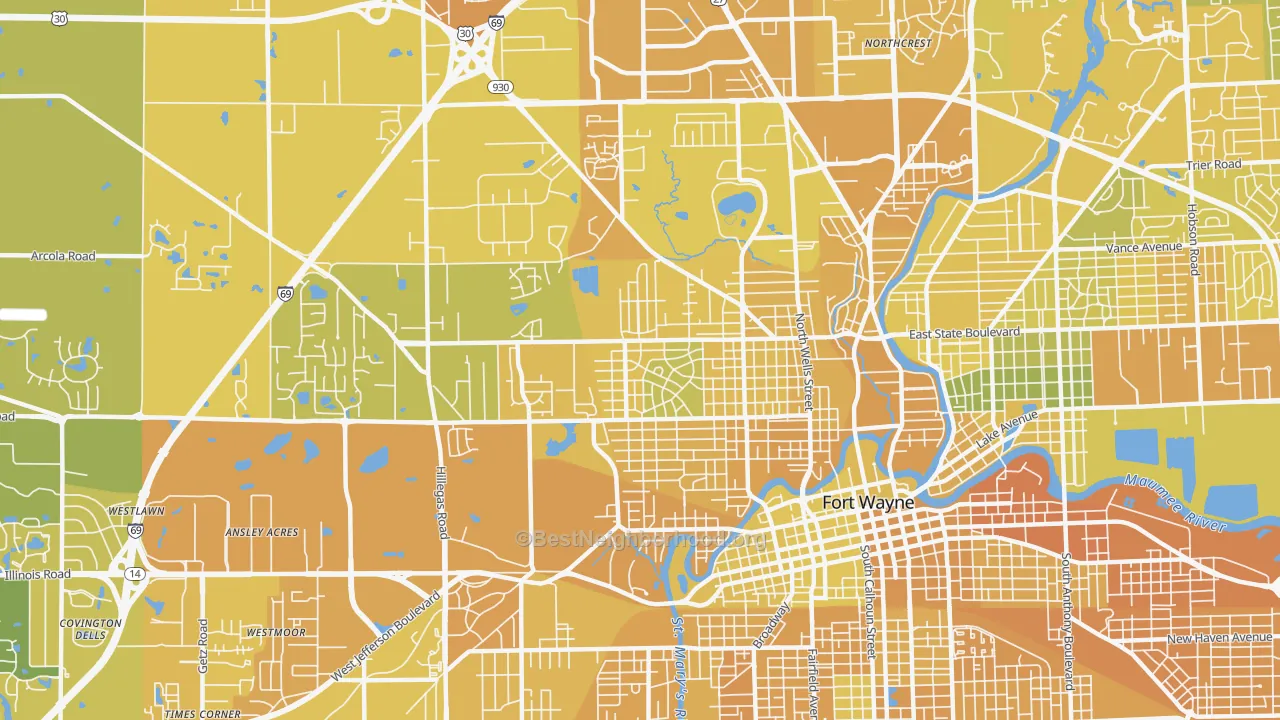Map of the best neighborhoods in the 46808 area, with better matches in green and worse matches in red