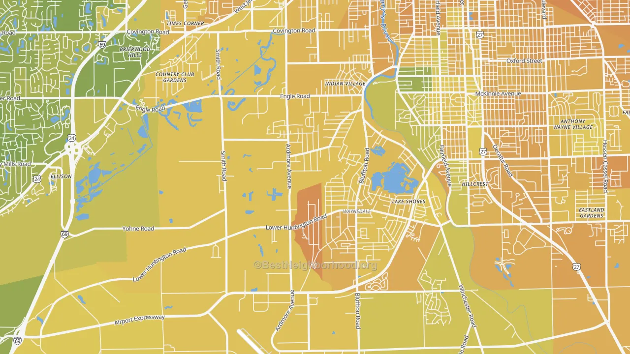 Map of the best neighborhoods in the 46809 area, with better matches in green and worse matches in red