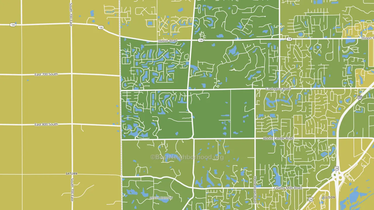 Map of the best neighborhoods in the 46814 area, with better matches in green and worse matches in red