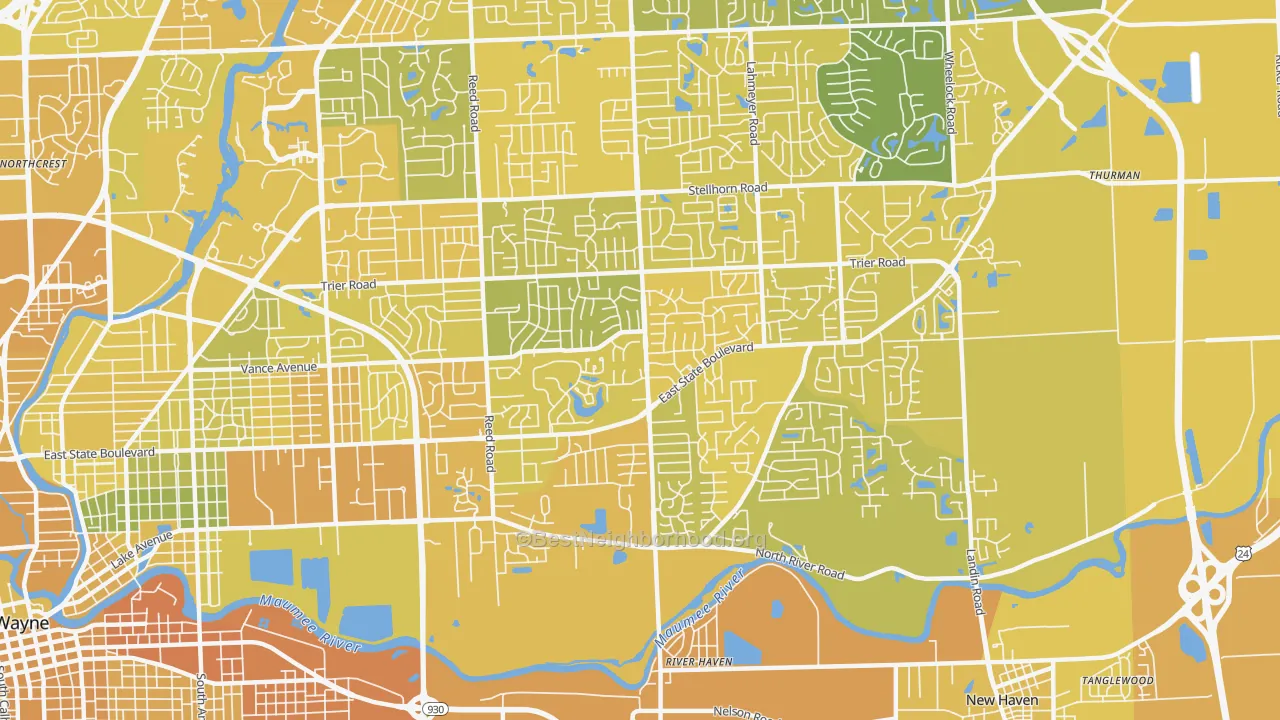 Map of the best neighborhoods in the 46815 area, with better matches in green and worse matches in red