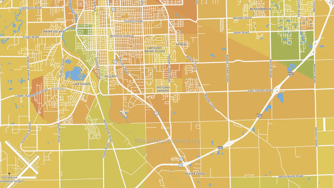 Map of the best neighborhoods in the 46816 area, with better matches in green and worse matches in red