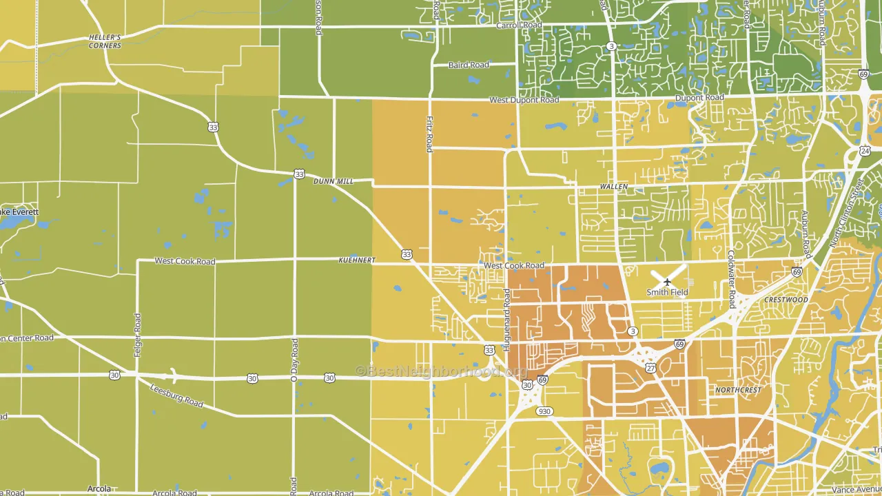Map of the best neighborhoods in the 46818 area, with better matches in green and worse matches in red
