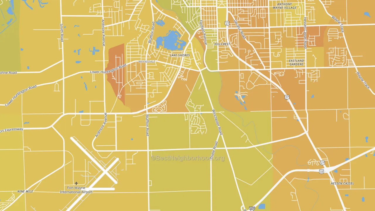 Map of the best neighborhoods in the 46819 area, with better matches in green and worse matches in red