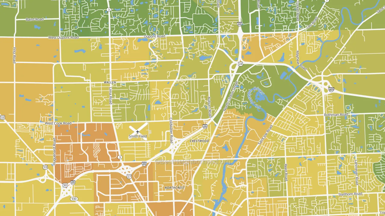 Map of the best neighborhoods in the 46825 area, with better matches in green and worse matches in red