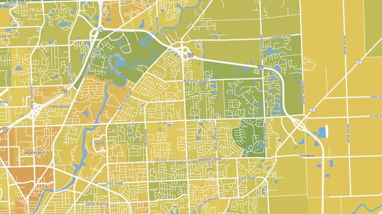 Map of the best neighborhoods in the 46835 area, with better matches in green and worse matches in red