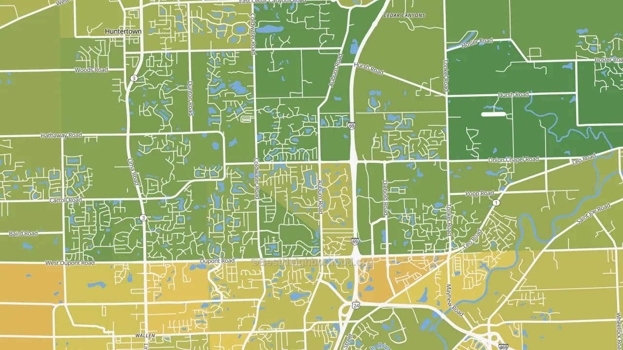 Map of the best neighborhoods in the 46845 area, with better matches in green and worse matches in red
