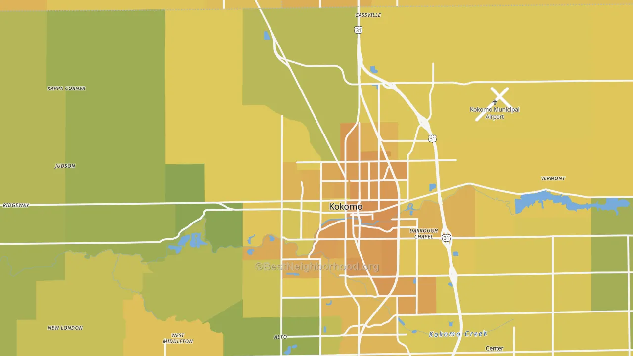 Map of the best neighborhoods in the 46901 area, with better matches in green and worse matches in red