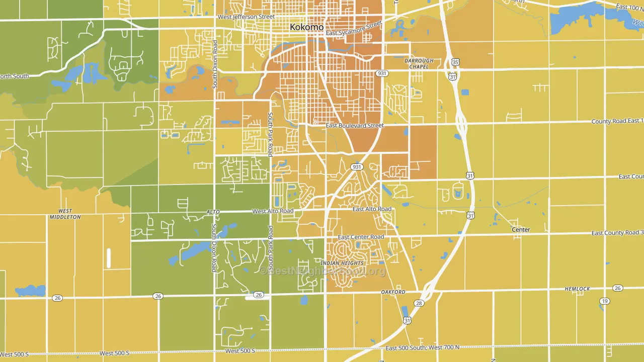 Map of the best neighborhoods in the 46902 area, with better matches in green and worse matches in red