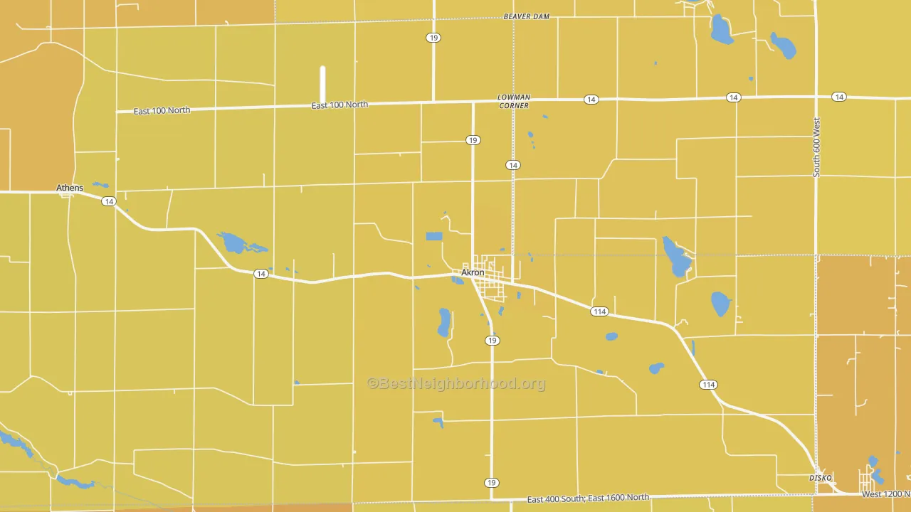 Map of the best neighborhoods in the 46910 area, with better matches in green and worse matches in red