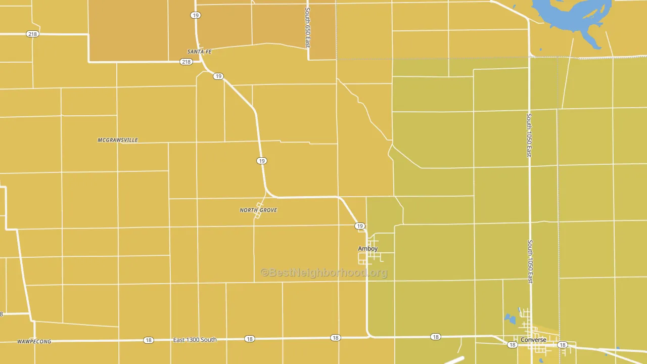 Map of the best neighborhoods in the 46911 area, with better matches in green and worse matches in red