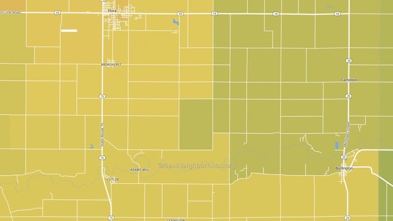 Map of the best neighborhoods in the 46913 area, with better matches in green and worse matches in red