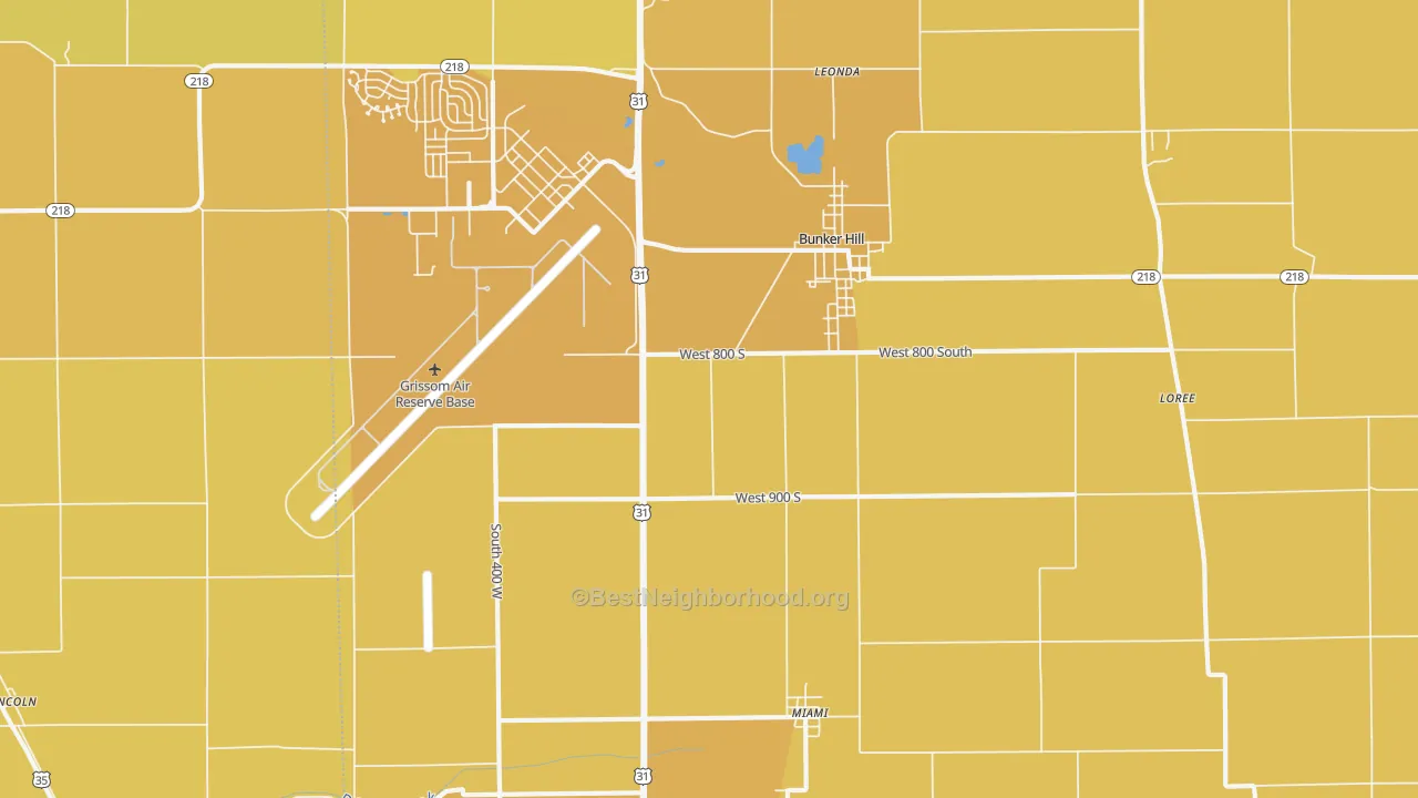 Map of the best neighborhoods in the 46914 area, with better matches in green and worse matches in red