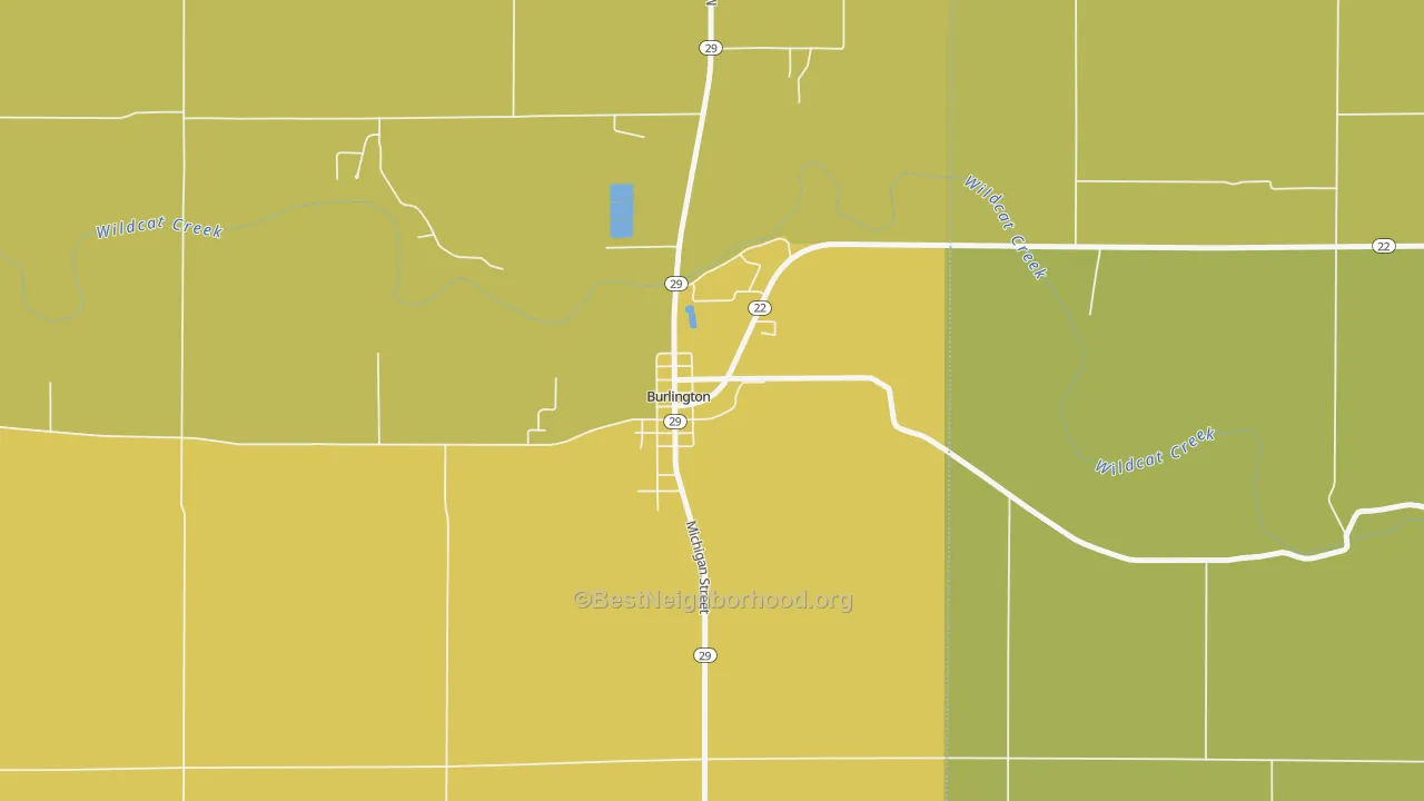 Map of the best neighborhoods in the 46915 area, with better matches in green and worse matches in red