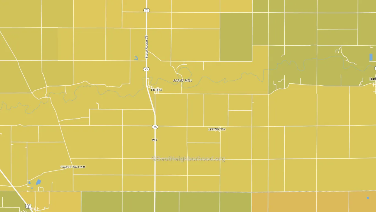 Map of the best neighborhoods in the 46920 area, with better matches in green and worse matches in red