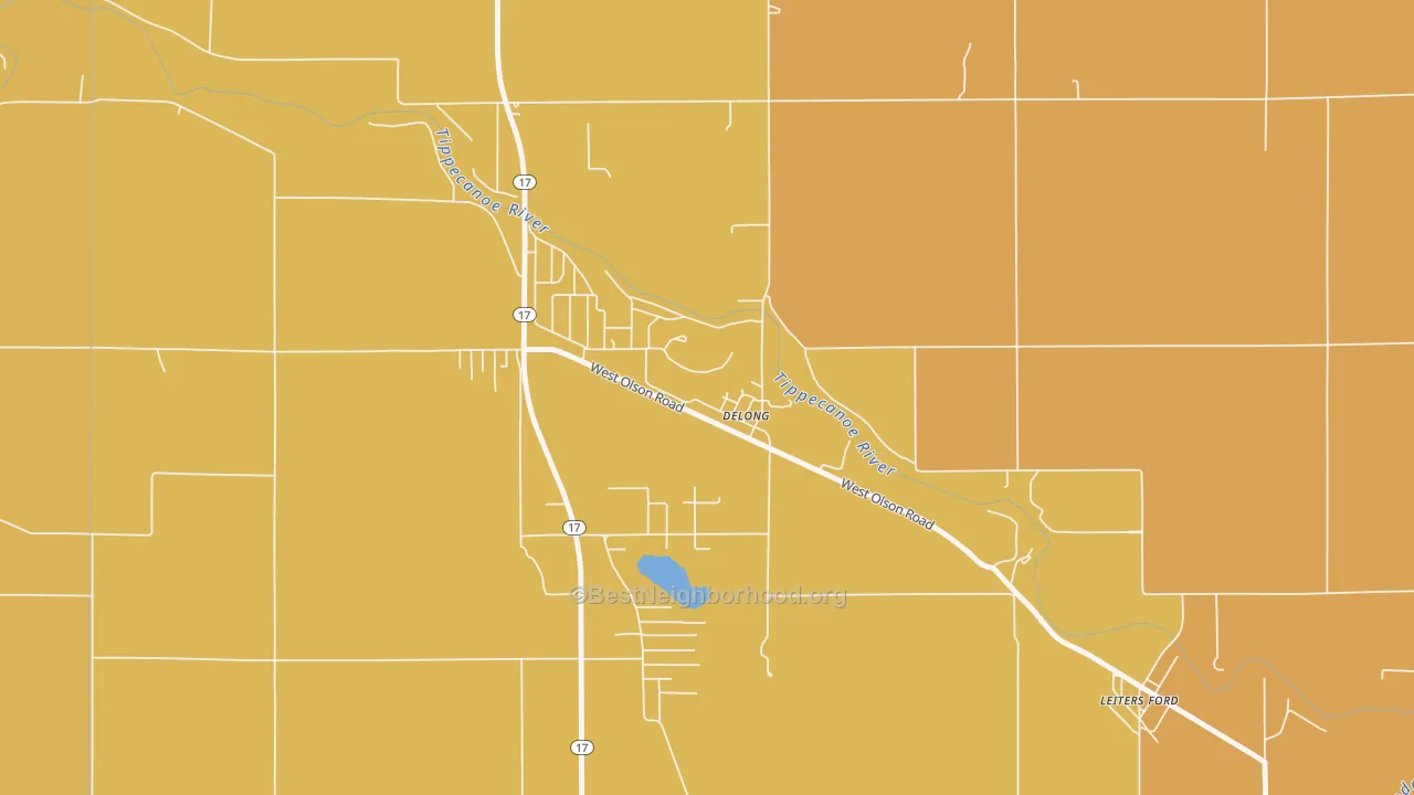 Map of the best neighborhoods in the 46922 area, with better matches in green and worse matches in red