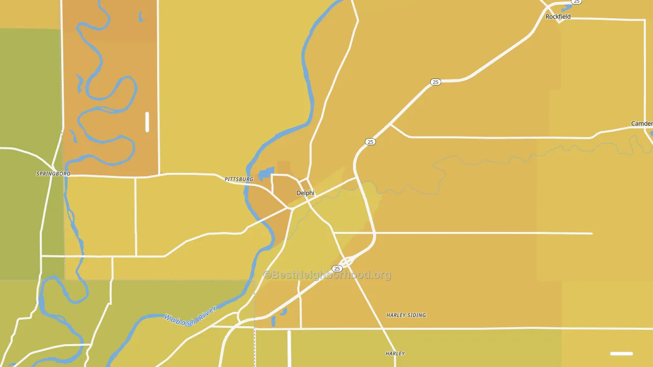 Map of the best neighborhoods in the 46923 area, with better matches in green and worse matches in red